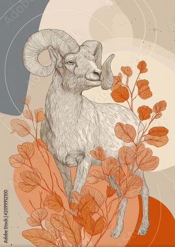 Detailed line art ram illustration with abstract orange leaves and geometric shapes.