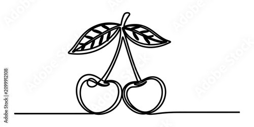 Cuadro en lienzo Simple one line drawing of two sweet cherries with leaves connected by a single