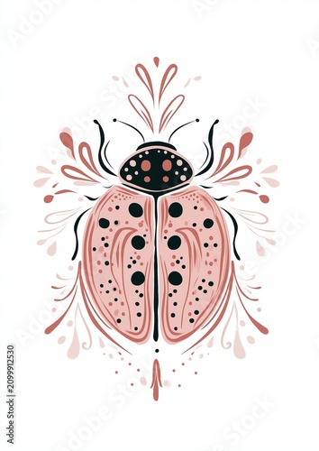 Stylized pastel ladybug illustration with decorative floral elements.