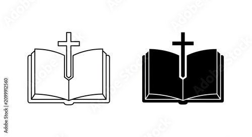 Open book with cross symbol, line art and silhouette icon set