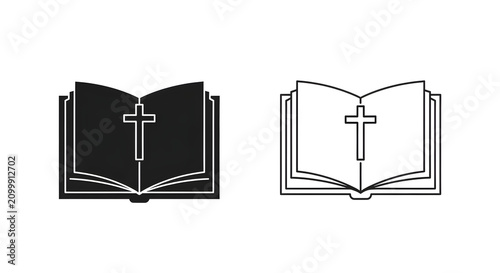Christian Bible Open with Cross Icon - Black and White Icons