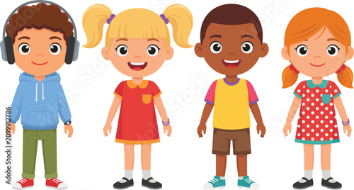 Canvastavla Happy diverse multiethnic children standing together, smiling cartoon boy and gi