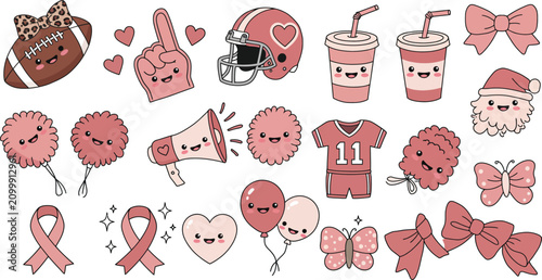 A collection of cute pink football themed stickers featuring sports equipment cheerleading accessories and hearts isolated on a white background design