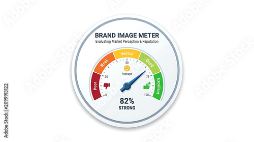 A strong brand image meter gauge displays 82 percent on a colorful dial