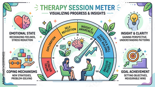 A therapist and patient discuss progress with a large meter gauge