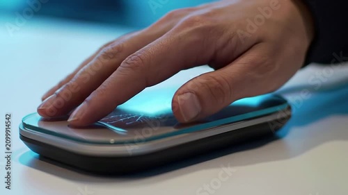 Close-Up Interaction of a Hand with a Modern Electronic Device on a Sleek Surface with Innovative Technology and Creative Engagement