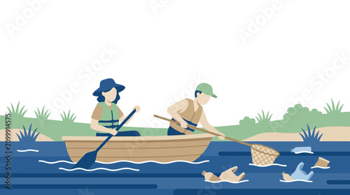 Volunteers participate in rivercleanup effort on a serene river watershed.