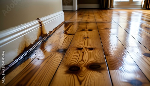Dark brown liquid spill on polished hardwood floor and white baseboard in a modern home