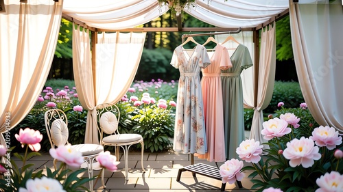 Elegant Summer Dresses Hanging In A Romantic Garden Pavilion With Blooming Pink Peonies And Sunlight