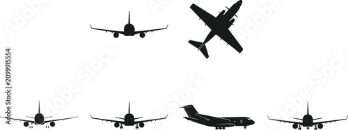 Tableau sur toile Airplane silhouette vector icon set featuring commercial jet passenger aircraft