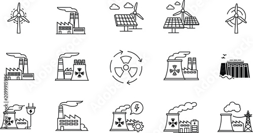 Tableau sur toile Renewable and industrial energy generation icon set featuring solar wind nuclear