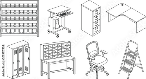 Isometric line vector icon set of office and warehouse furniture
