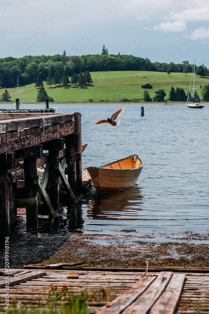 Fototapeta premium Bird flying by a rustic wooden pier and yellow boat