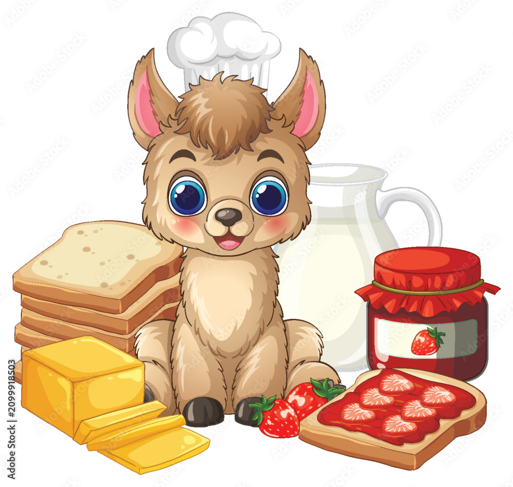 Fototapeta premium Cute Cartoon Llama Chef with Breakfast Bread Jam and Milk