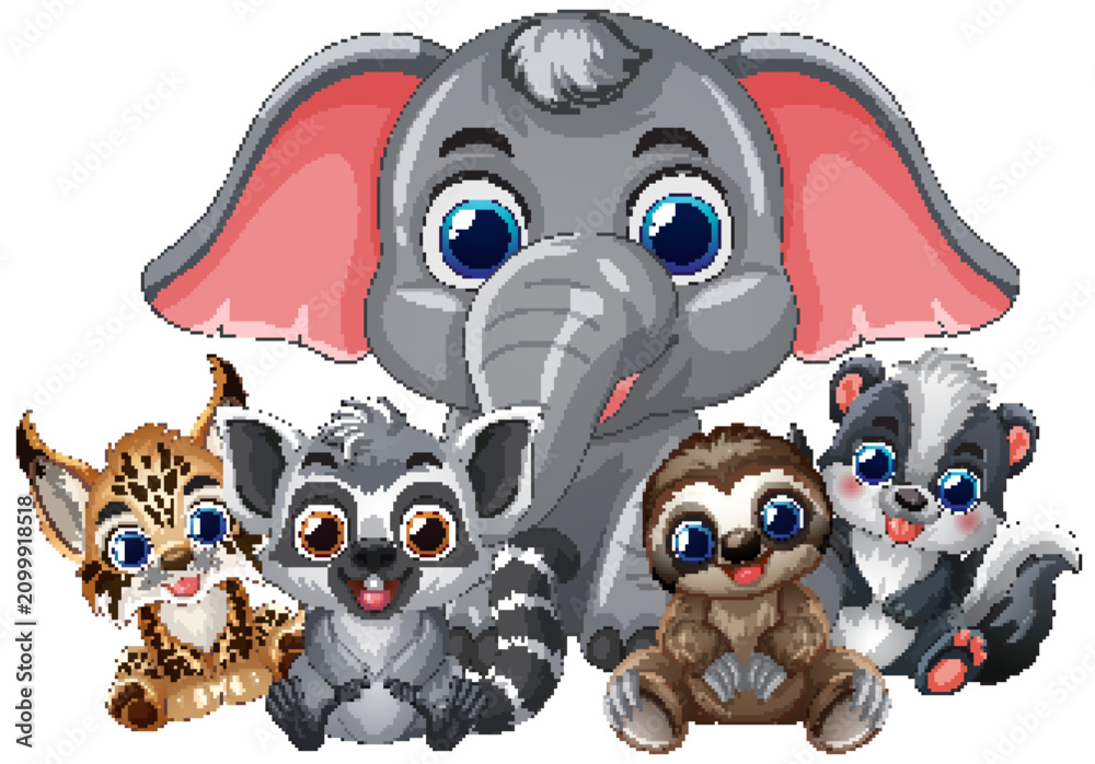 Fototapeta premium Cute Cartoon Baby Animals Group Illustration on White Background