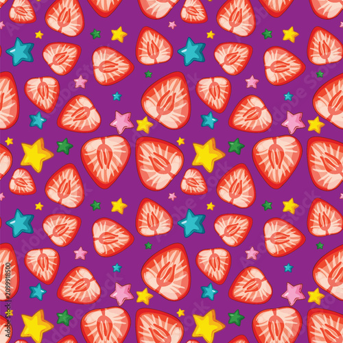 Seamless Vector Pattern of Sliced Strawberries and Colorful Stars