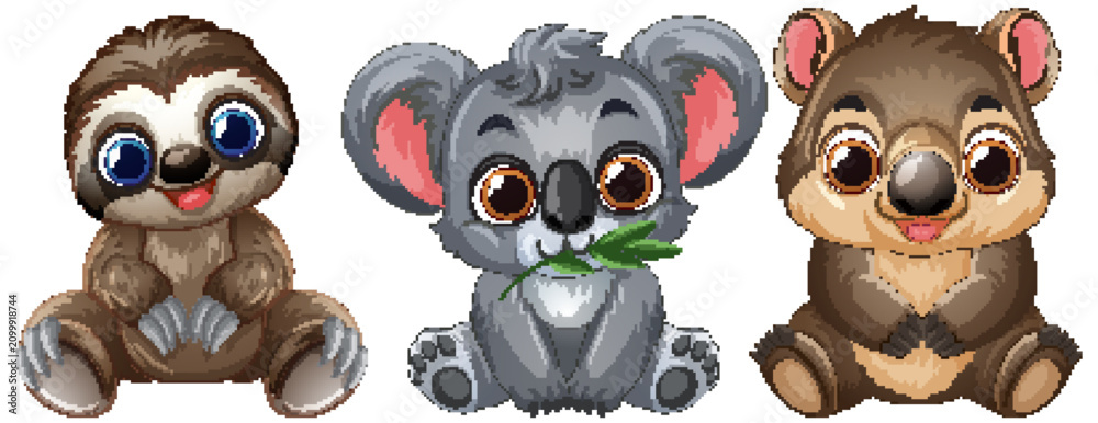 Fototapeta premium Cute Cartoon Baby Sloth Koala and Wombat Vector Illustration Set