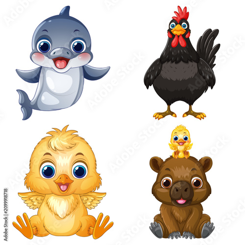 Set of Cute Cartoon Baby Animals and Birds Vector Illustrations