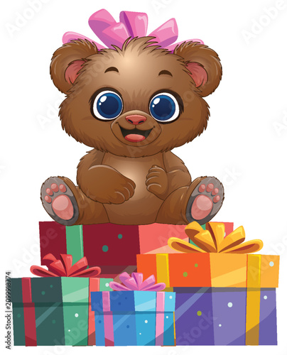 Cute Cartoon Baby Bear Sitting on a Stack of Colorful Gift Boxes