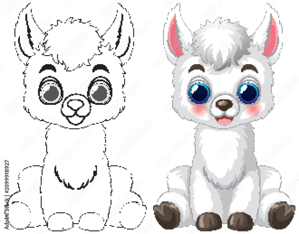 Fototapeta premium Cute Baby Llama Vector Illustration with Line Art Coloring Page