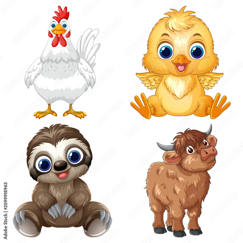 Fototapeta premium Cute Cartoon Baby Animals Set with Chicken Chick Sloth and Bull