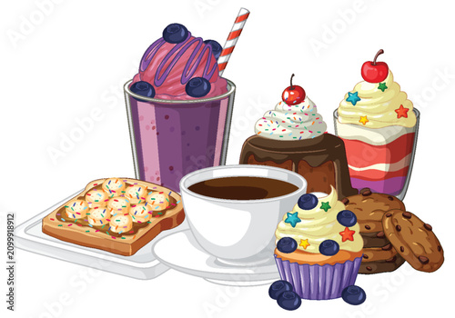 Assorted Sweet Desserts and Coffee Vector Illustration Set on White Background