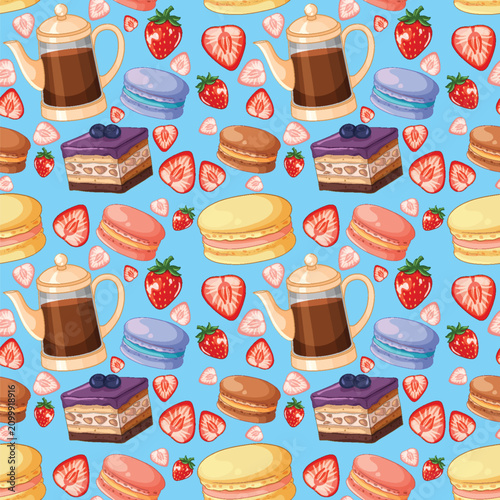 Seamless Vector Pattern with Coffee Pots Macarons and Fresh Strawberries