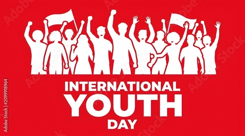 Bold red International Youth Day poster with dynamic crowd silhouettes and celebratory text