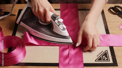 Close-Up Of Hands Using A Modern Steam Iron On Pink Satin Ribbon For Crafting And Sewing Projects