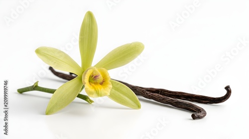 White Orchid Flower with Vanilla Pods Isolated on Clean Background