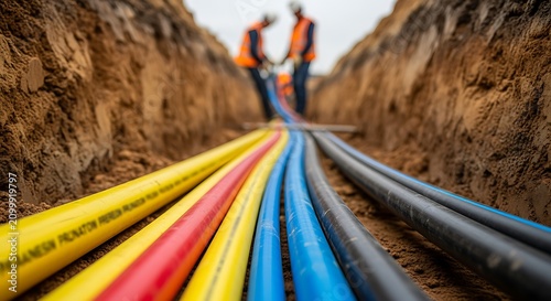Cables Laid by Workers in an Excavated Trench for Infrastructure