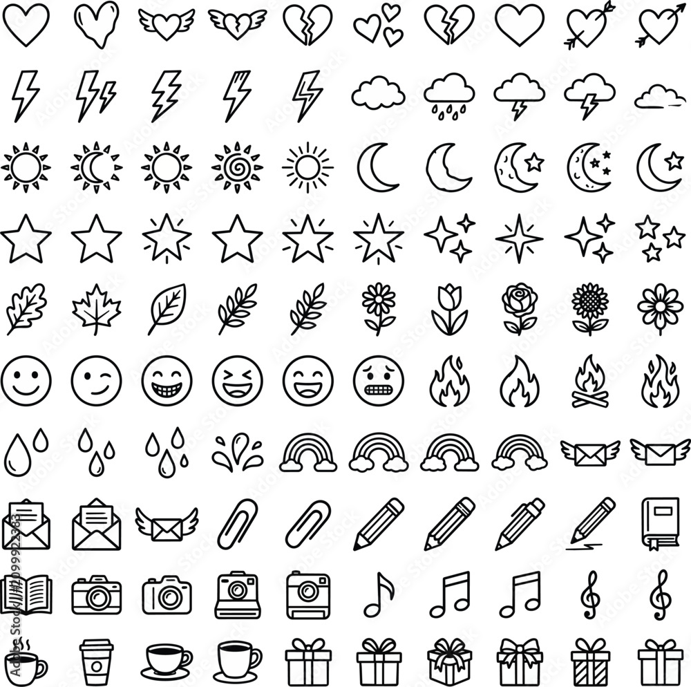 Fototapeta premium Minimalist black and white line icon set featuring weather emojis hearts stars leaves and stationary elements for graphic design