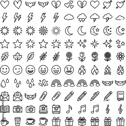 Minimalist black and white line icon set featuring weather emojis hearts stars leaves and stationary elements for graphic design