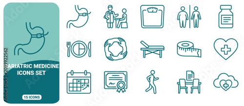 Foto Bariatric medicine icon set featuring gastric band, weight loss surgery, medical