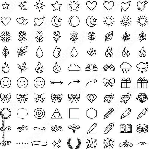 Minimalist hand drawn line icons and cute doodle vector elements set