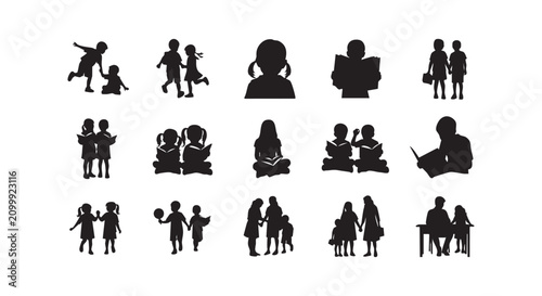 Silhouette vector illustration of children reading books and studying together in classroom or library isolated on white.