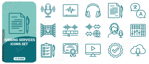 Photos Dubbing services icon set featuring studio equipment, audio waveforms, translati