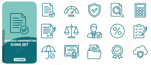 Insurance underwriting icon set featuring teal line symbols for risk assessment, policy documents, legal scales, and financial protection measures