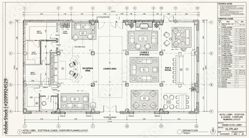 Fotografía Detailed furniture plan for a hotel lobby and lounge area with technical annotat