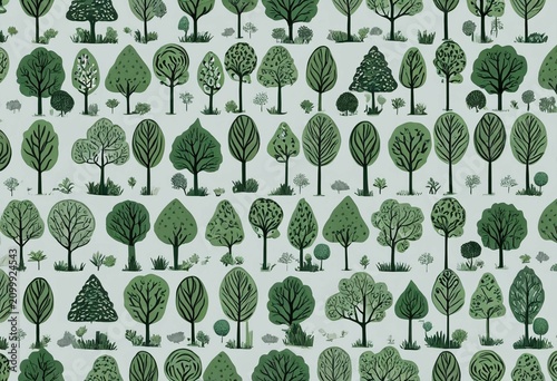 Seamless pattern of various stylized green trees on a light background, nature illustration