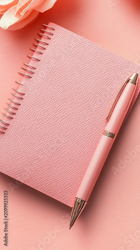 Blank pastel pink notebook with pen ready for writing. Soft-covered journal and stationery for planning and creativity.