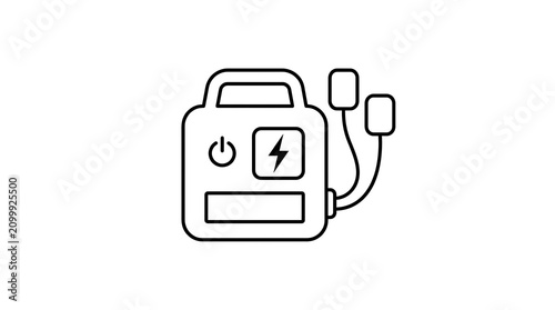 Professional black and white vector line icon of automated external defibrillator featuring power button and electric heart symbol for medical safety applications