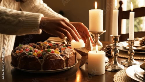 Cozy Festive Gathering: Hands Decorating Holiday Cake Surrounded by Lit Candles and Colorful Sweets on a Wooden Table