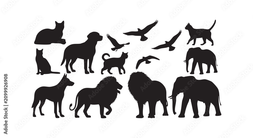 Fototapeta premium Wildlife and domestic animal silhouettes including lions elephants dogs and flying birds on a plain white background set.