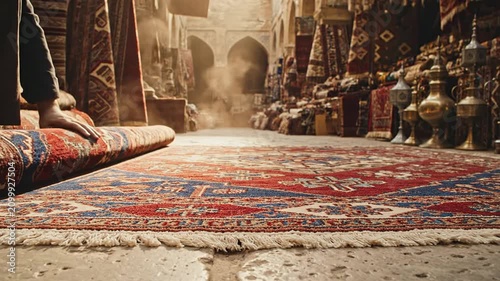 Craftsman Unrolling Traditional Persian Rug in Vibrant Bazaar with Intricate Patterns and Bustling Market Atmosphere
