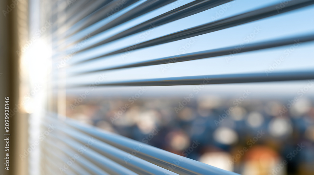 Obraz premium Silver venetian blinds close up view near window overlooking blurred cityscape 