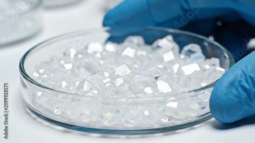 Detailed Close-Up of Crystalline Compounds in Petri Dish with Laboratory Tools on Plain Background