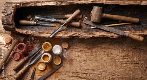 Cinematic overhead lay of Australian didgeridoo woodcarving tools on eucalyptus