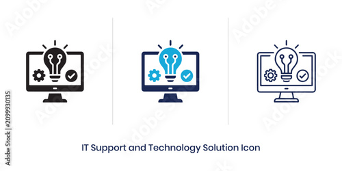 IT support and technology solution icon set with computer monitor, light bulb, gear, and check mark. Flat, glyph, and outline vector icons for helpdesk web UI, technical assistance app dashboard.