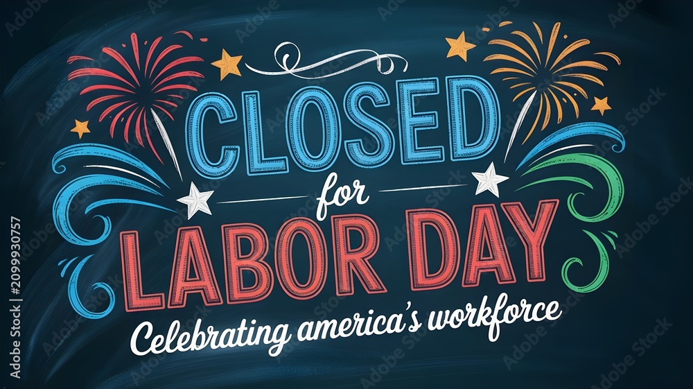 Obraz premium Chalkboard style labor day sign announcing closed for labor day and celebrating americas workforce, featuring festive fireworks and stars on a dark background